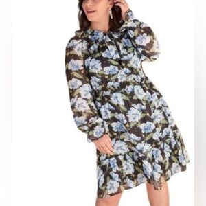SHEIN Frenchy blue floral tie neck, tiered ruffle, flowy, long sleeve mini dress